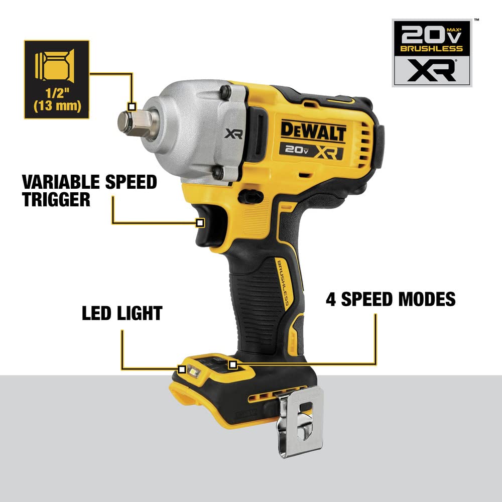 DEWALT 20V MAX Cordless Impact Wrench, Hog Ring 1/2', Includes LED Work Light and Belt Clip, Bare Tool Only (DCF891B)