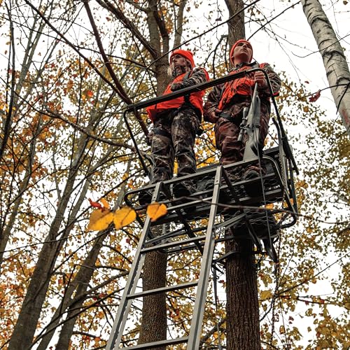TwoPlex LS Rivers Edge 2-Man Ladder Stand, 17’1” Height, Lockdown Strapping System, Flip-Up TearTuff Mesh Bench Seat, 40” Wide Platform, 2-Way Adjustable Shooting Rail, RE669