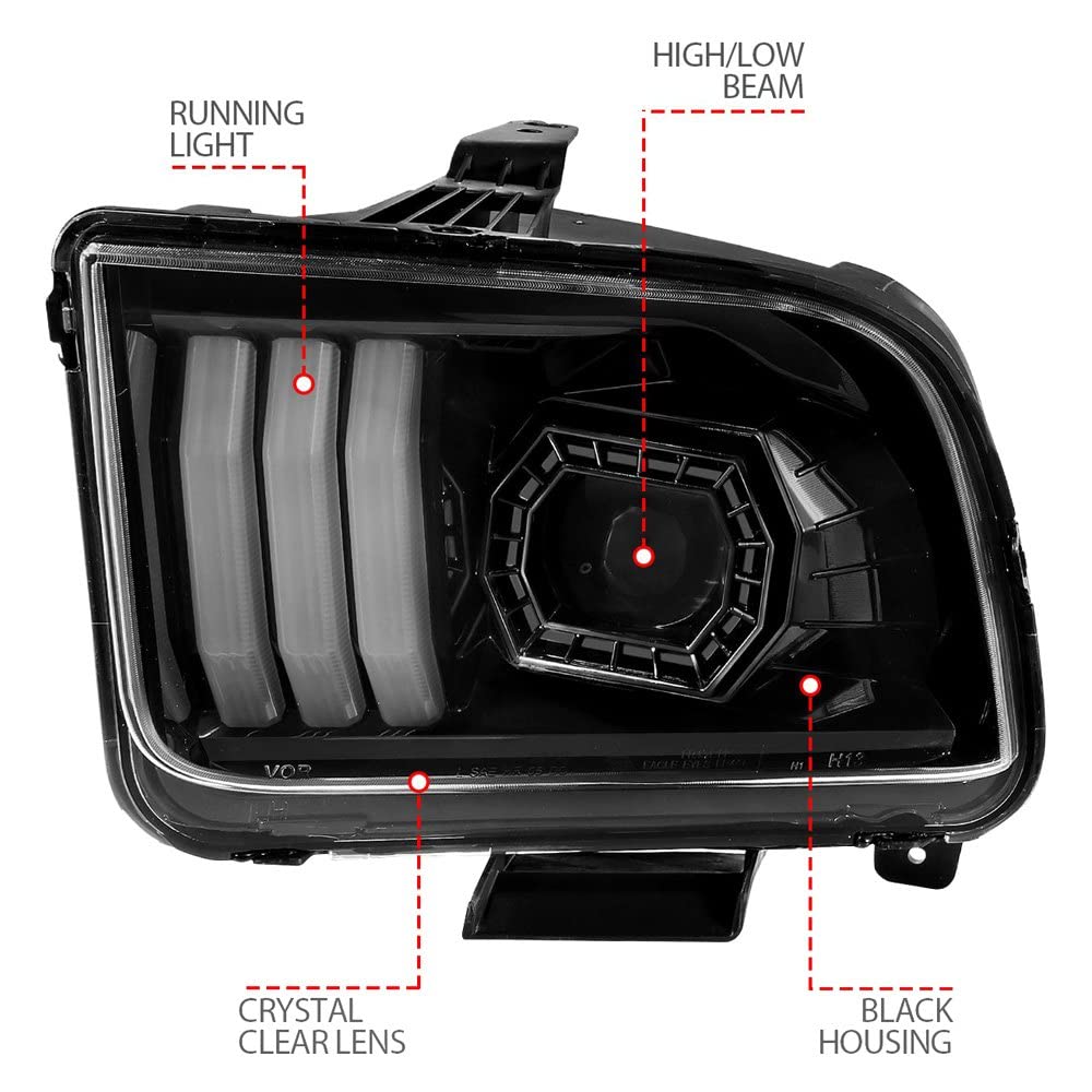 05-09 Ford Mustang ANZO (w/Factory Halogen HL Only) Projector Headlights w/Light Bar Black Housing (121566)