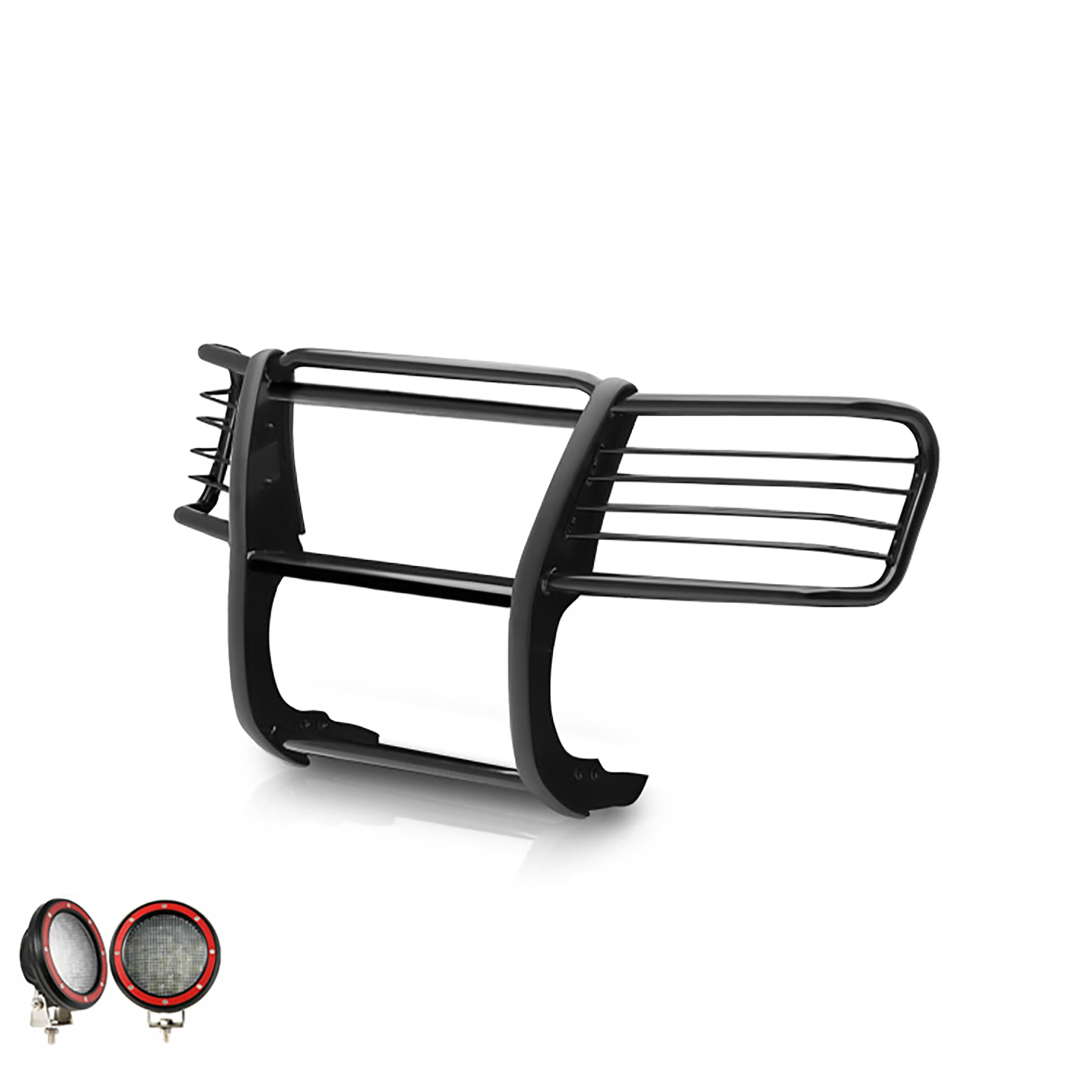 Grille Brush Black Horse Bumper Guard Modular Black Come with Pair of 5.3" LED Lights with Red Trim Rings Compatible with 1999-2002 Expedition|1999-2004 F-150|1999-2007 F-250 Super Duty-17FP27MA-PLFR