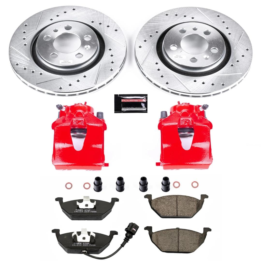Power Stop Evolution Sport KC839 Front Caliper Kit-Drilled/Slotted Rotors, Carbon Ceramic Brake Pads, Calipers For VW Beetle, VW Golf, VW Jetta [Model Specific]