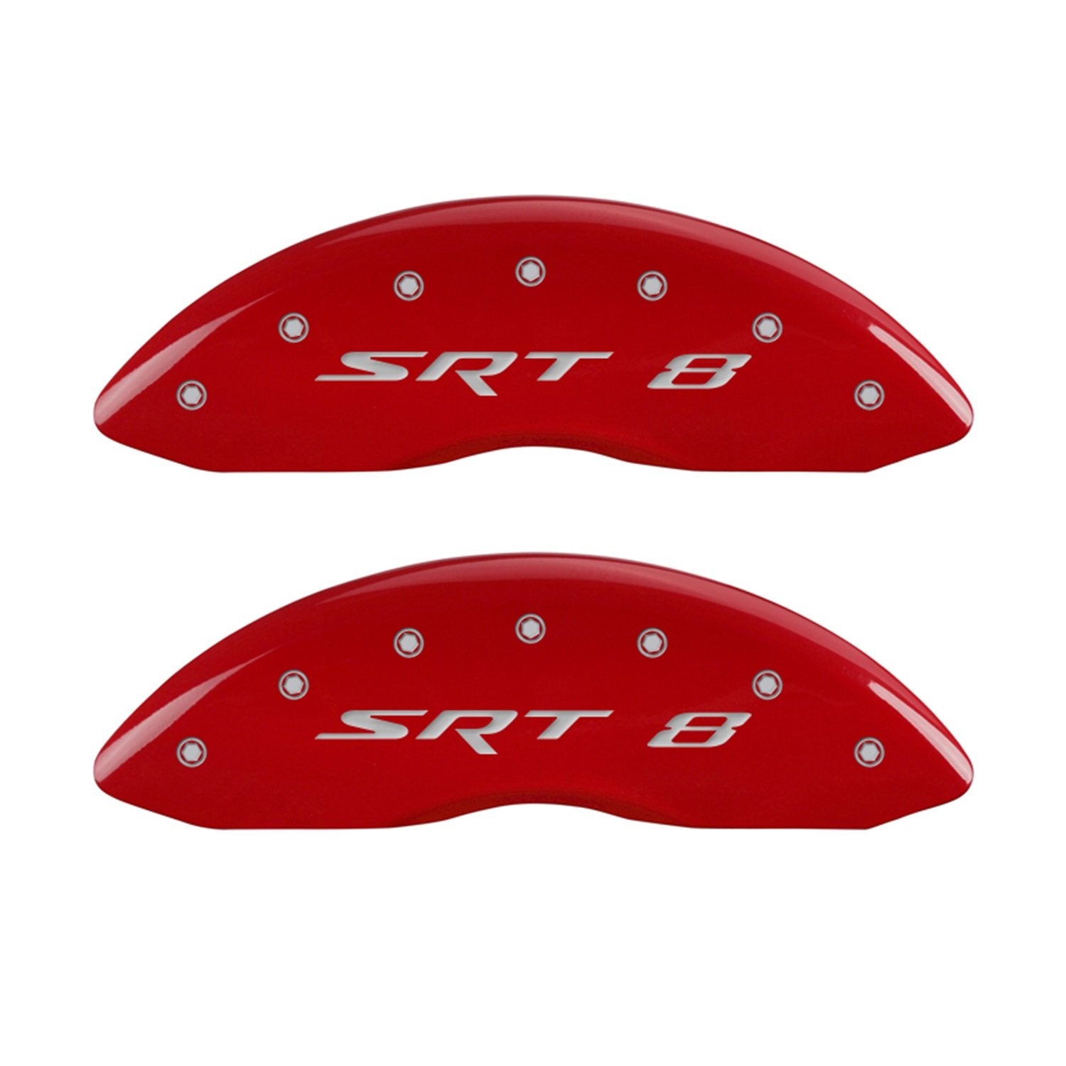 MGP Caliper Covers 'SRT8' (12088SSR8RD) Engraved Front and Rear Caliper Cover with Red Powder Coat Finish and Silver Characters, (Set of 4)
