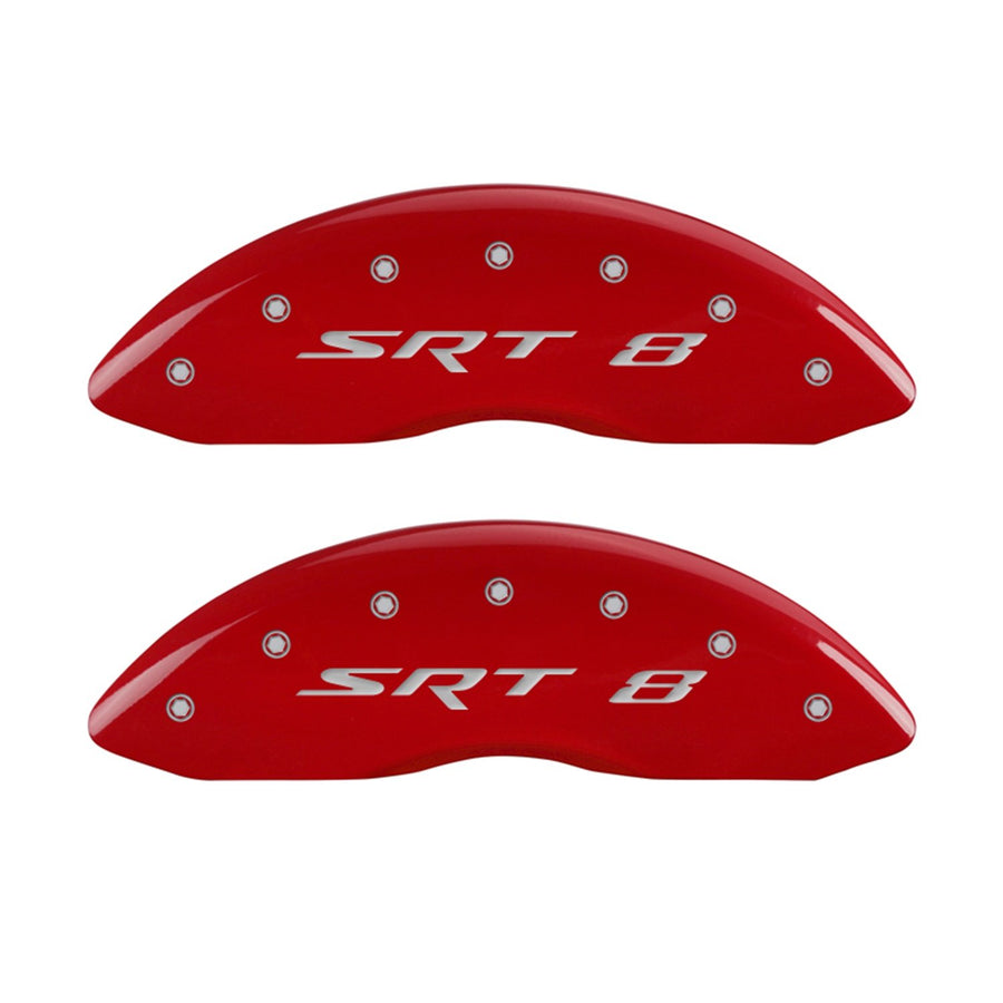 MGP Caliper Covers 'SRT8' (12088SSR8RD) Engraved Front and Rear Caliper Cover with Red Powder Coat Finish and Silver Characters, (Set of 4)