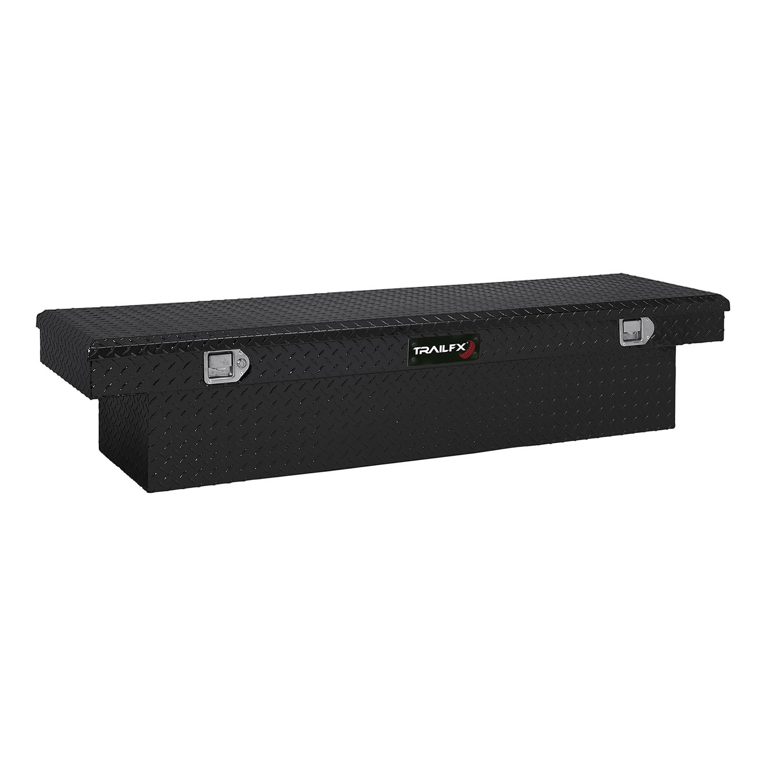 110702 TrailFX Tool Box Crossover Standard Single Lid With Struts Black Powder Coated Diamond Tread 16 Gauge Aluminum 8.8 Cubic Foot Capacity With Plastic Tray