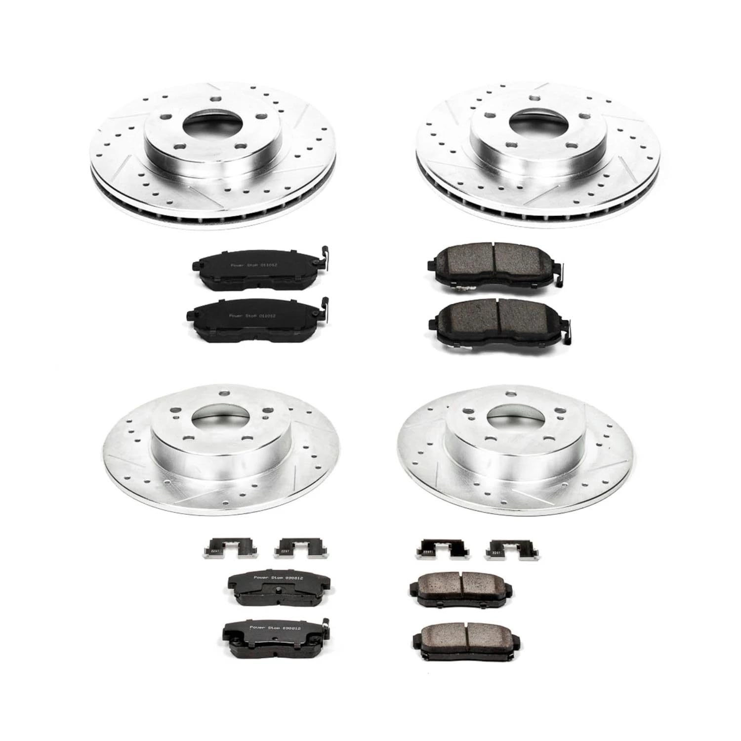 Power Stop K2705 Z23 Carbon Fiber Brake Pads Front and Rear with Drilled & Slotted Brake Rotors Kit For Nissan Maxima 2001 [Vehicle Specific]