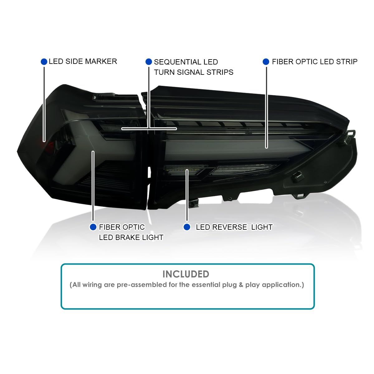 Glossy Black Smoke LED Sequential Tail Lights SPEC-D TUNING Compatible with 2019-2023 Toyota RAV4, Left + Right Pair Assembly