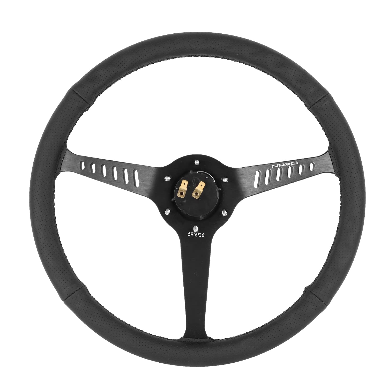 NRG Innovations Reinforced NRG-RST-380STL-B Classic Stealth Wheel, 380mm, 3 Spoke Center with Diagnal Slits, 1" Deep Dish with Perforated Leather and Black Stitching