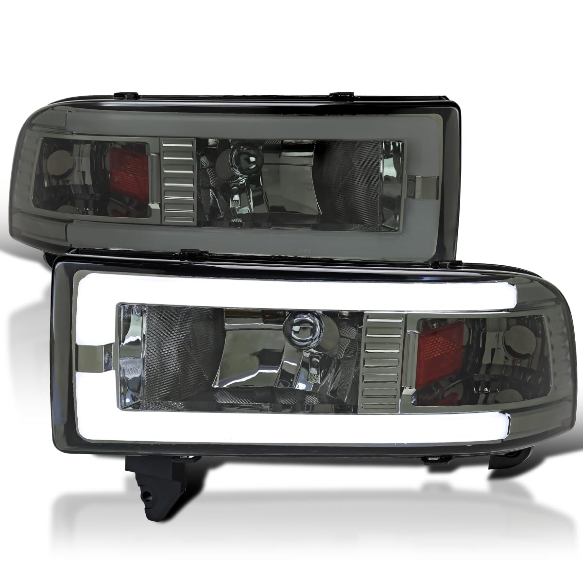 Smoke Headlights w/LED Tube SPEC-D TUNING Compatible with 1994-2001 Dodge Ram 1500, 2500, 3500, Left + Right Pair Headlamps Assembly