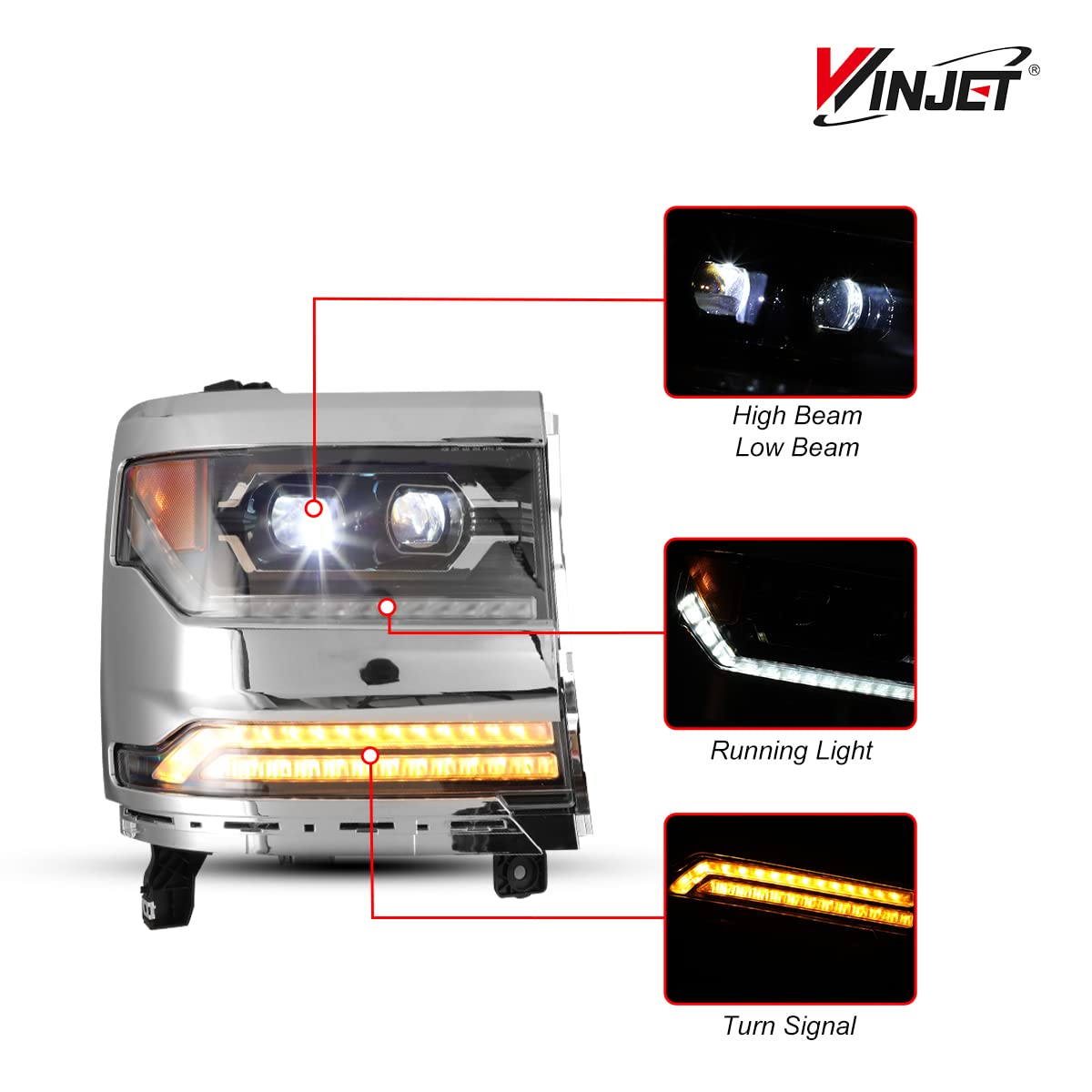 Headlight Assembly Winjet Fit For 2016 2017 2018 2019 Chevy Silverado 1500 Headlamp Replacement w/LED Sequential Turn Signal Light, DRL, High & Low Beam (Chrome Housing Clear Lens)