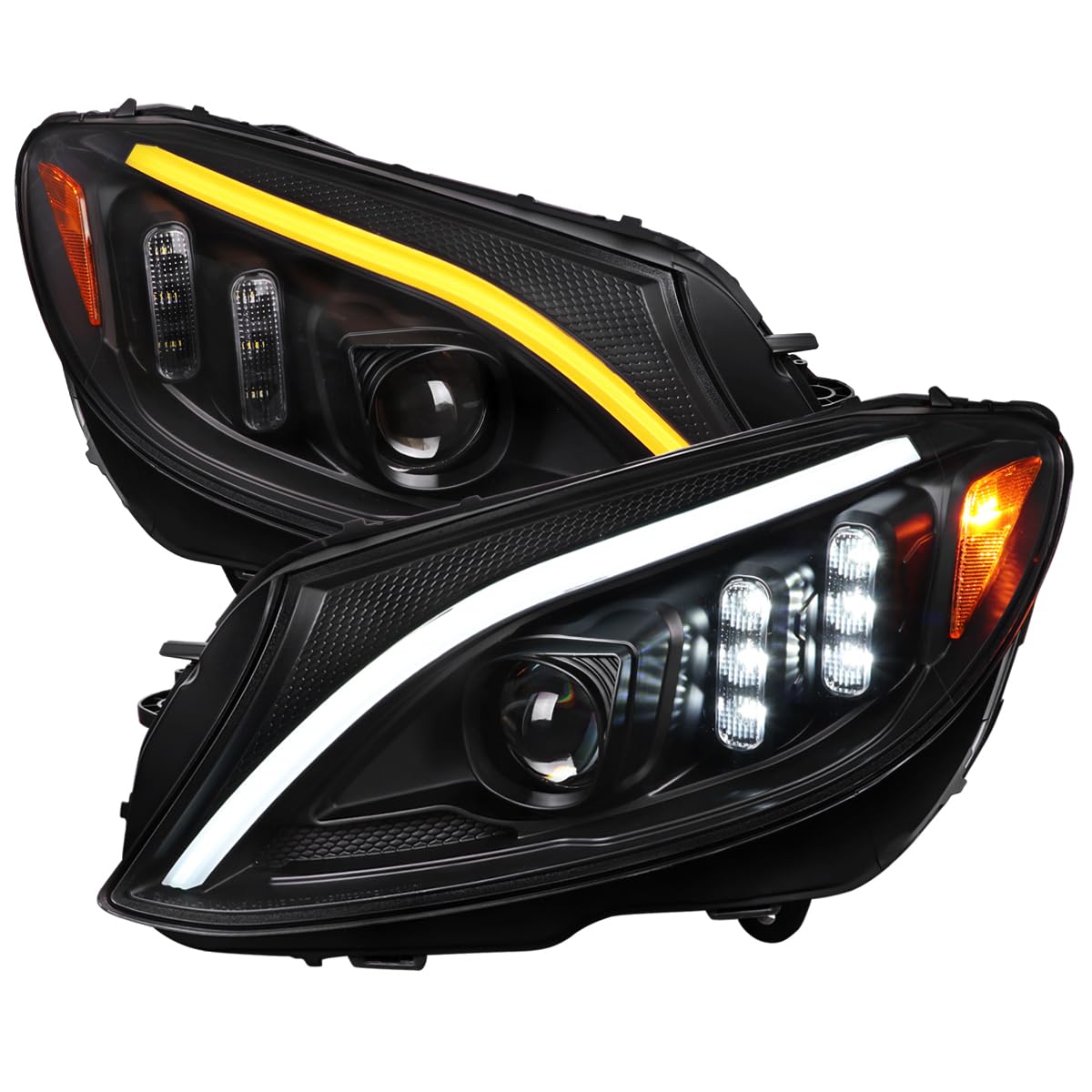 Black SPEC-D TUNING Projector Headlights w/Switchback LED Strips and Sequential Turn Signal Compatible with 2015-2018 Mercedes-Benz C-Class W205