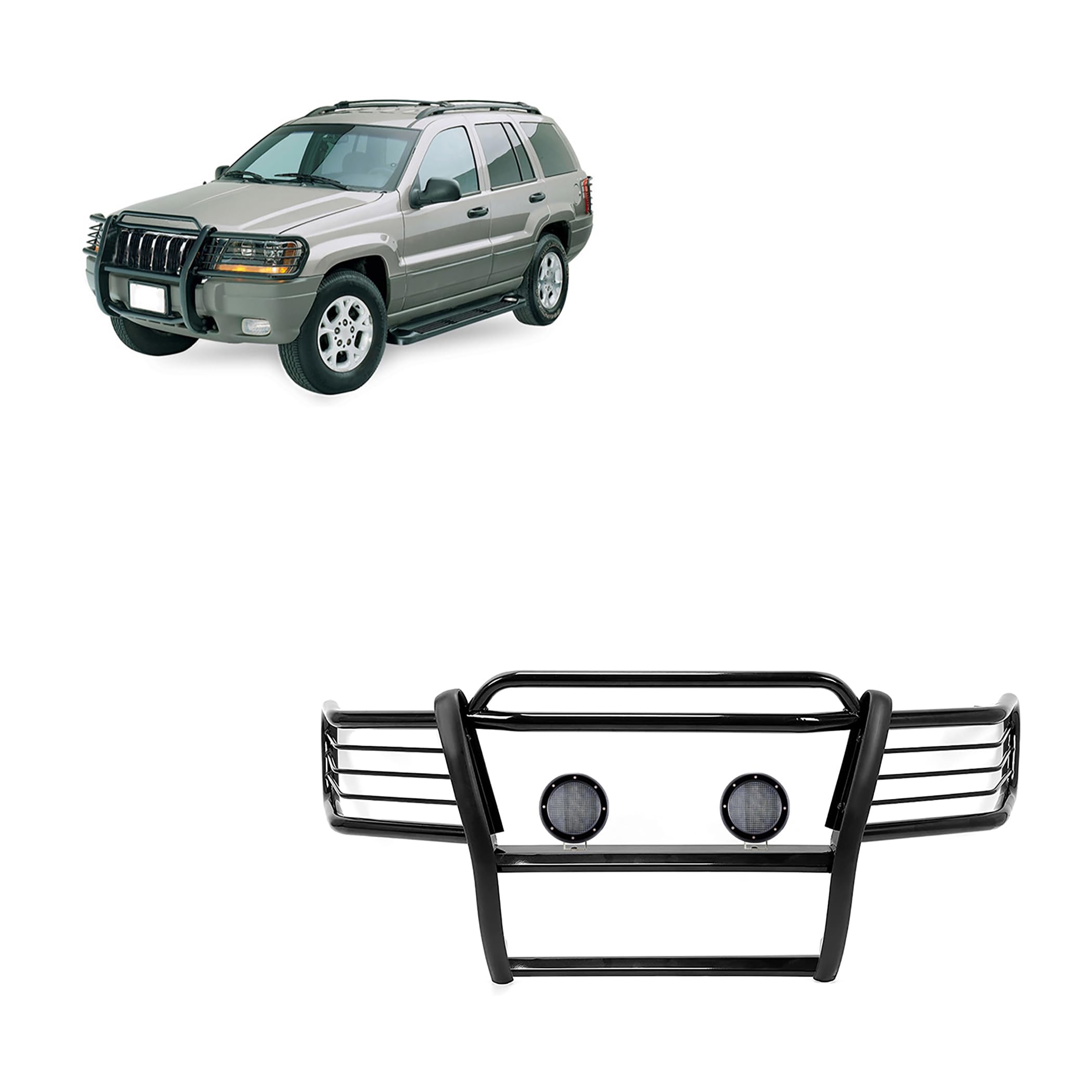Grille Brush Black Horse Bumper Guard Modular Come with Pair of 5.3" Dia.LED Lights with Black Trim Rings Compatible with 1999-2004 Jeep Grand Cherokee-17EB26MA-PLFB
