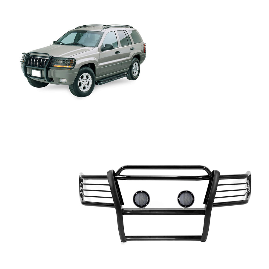 Grille Brush Black Horse Bumper Guard Modular Come with Pair of 5.3" Dia.LED Lights with Black Trim Rings Compatible with 1999-2004 Jeep Grand Cherokee-17EB26MA-PLFB