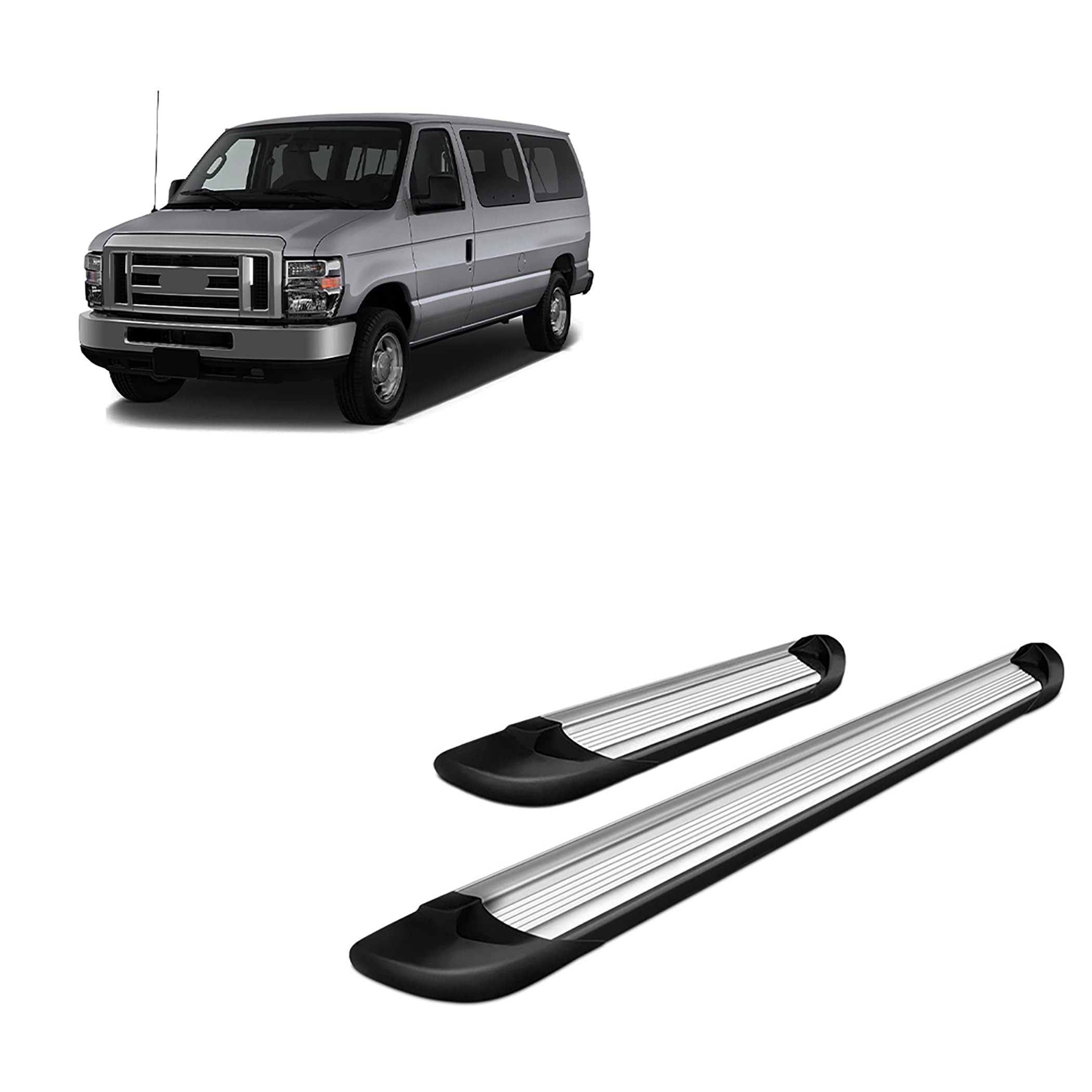 Transporter Running Boards Black Horse Silver Compatible with 02-14 Ford E-150|07-08 E-150 Econoline|99-05 E-150/E-350 Econoline CW|03-14 E-250|02-05 E-350 CW|99-00 E-350 Econoline-TR-F53596S