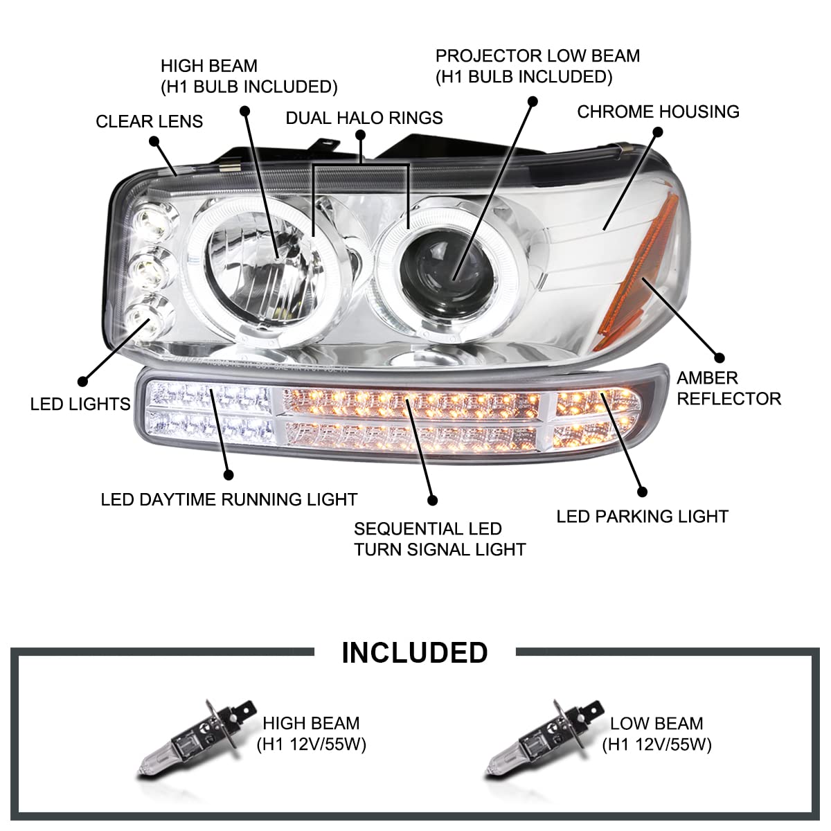 Chrome Projector Headlights Spec-D Tuning + Sequential LED Bumper Light Compatible with 1999-2006 GMC Sierra 1500/2500/3500, Left + Right Pair Headlamps Assembly
