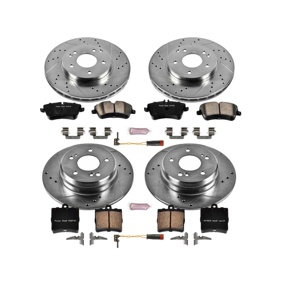 Power Stop K2812 Z23 Carbon Fiber Brake Pads Front and Rear with Drilled & Slotted Brake Rotors Kit and 1 Front Sensor Wire For Mercedes-Benz C230, Mercedes-Benz C240 [Model Specific]