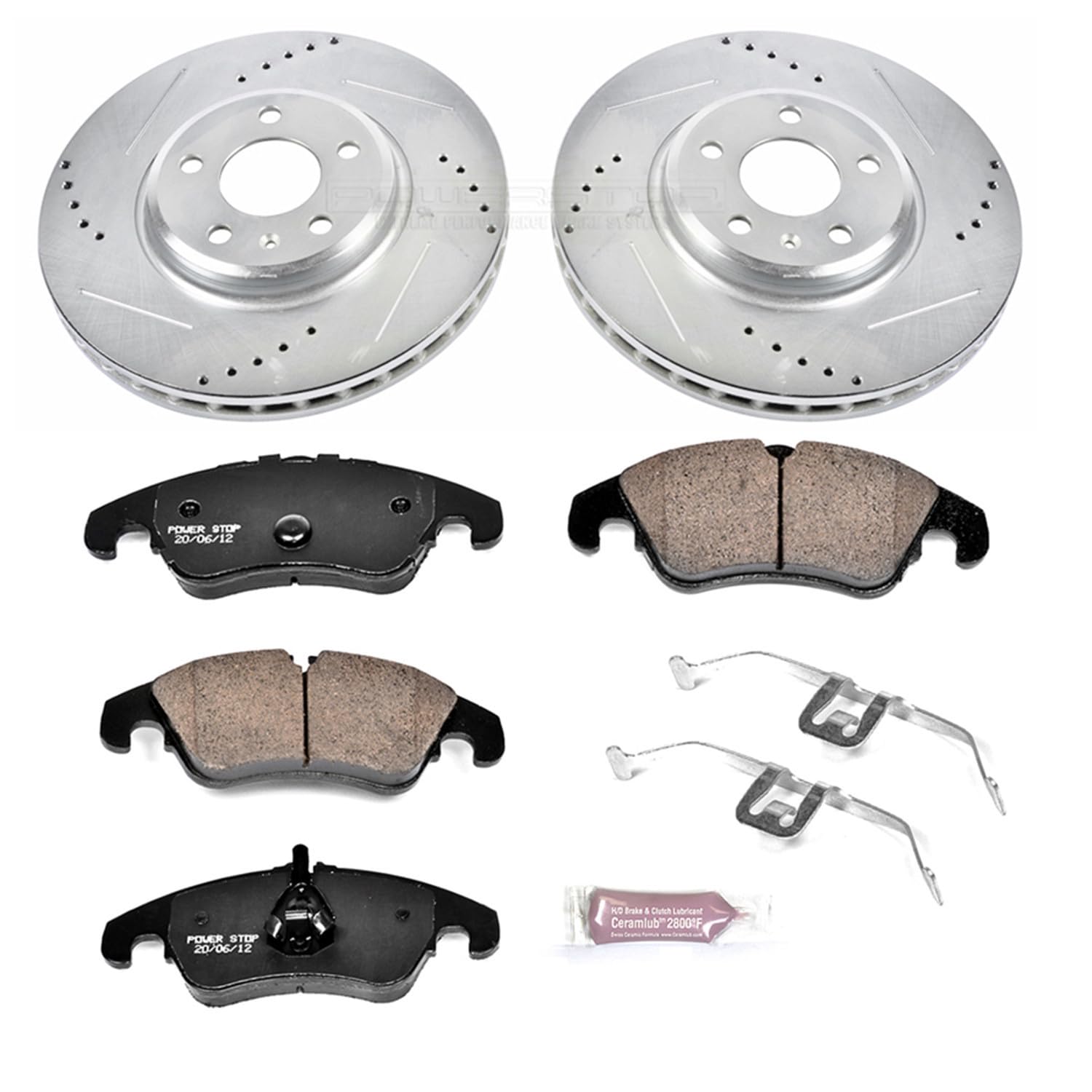 Power Stop K5752 Z23 Carbon Fiber Brake Pads Front with Drilled & Slotted Brake Rotors Kit and 1 Front Sensor Wire For Audi A4, Audi A4 Quattro, Audi A5, Audi A5 Quattro, Audi Q5 [Model Specific]