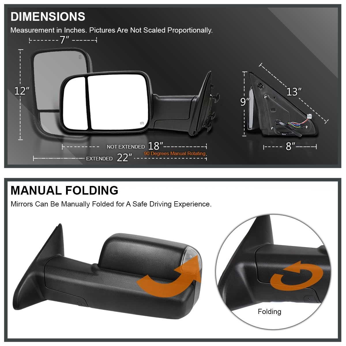 Spec-D Tuning Power Heated Black Auto Fold Tow Mirrors+LED Puddle Lamps+Turn Signal Compatible with 2009-2012 Dodge Ram 1500, 2010-2012 Ram 2500 3500 Left + Right Pair