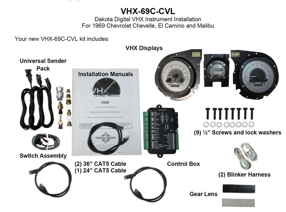 Dakota Digital VHX-69C-CVL-S-B Analog Dash Gauge System with Chevy 1969 Chevelle, Malibu and El Camino, Silver Alloy Style, Blue Backlighting