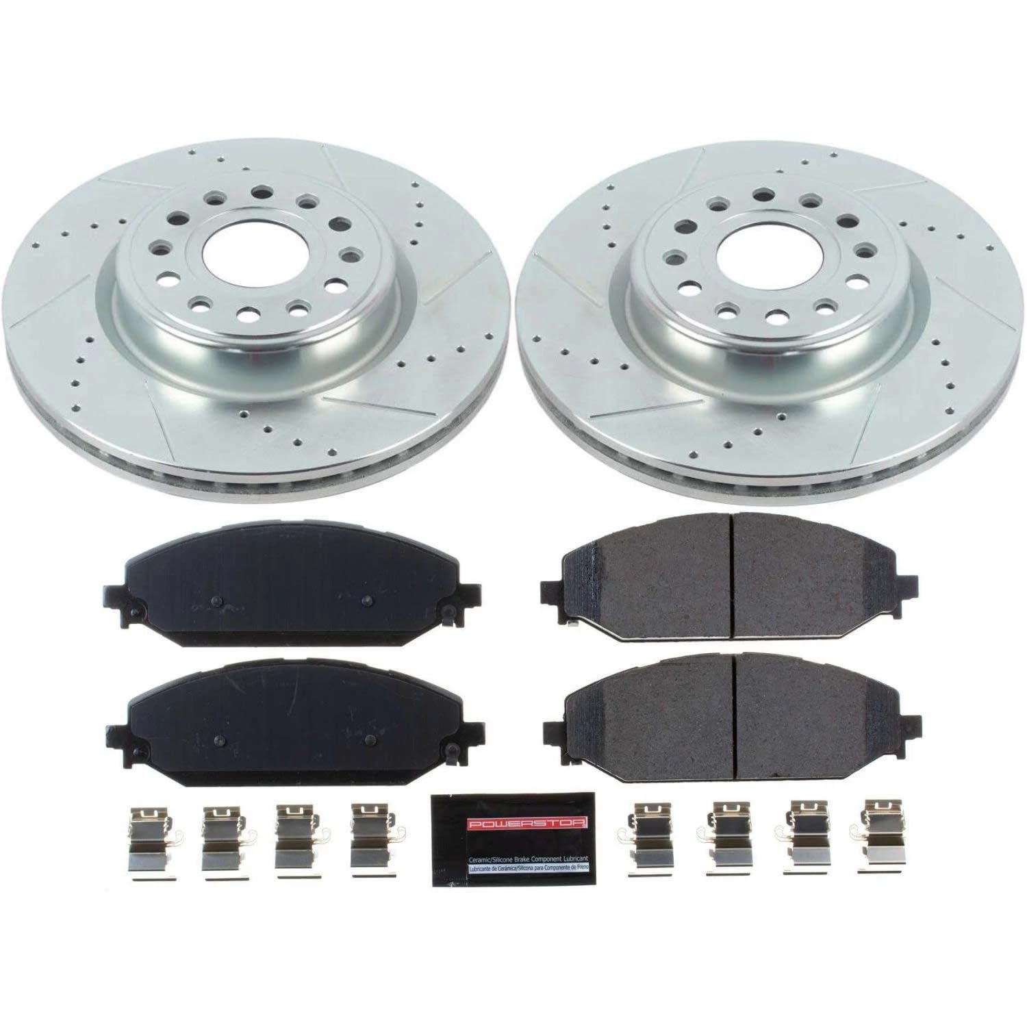 Power Stop K8183 Z23 Carbon Fiber Brake Pads Front with Drilled & Slotted Brake Rotors Kit For Ram 1500 2019-2023 [Model Specific]