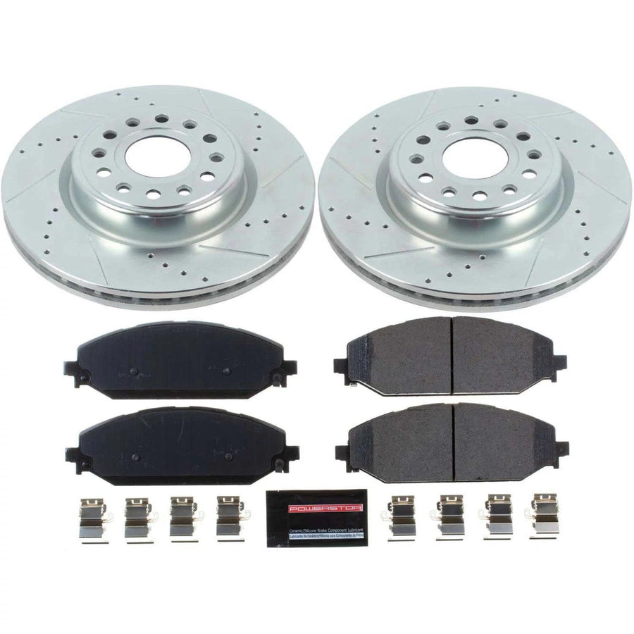 Power Stop K8183 Z23 Carbon Fiber Brake Pads Front with Drilled & Slotted Brake Rotors Kit For Ram 1500 2019-2023 [Model Specific]
