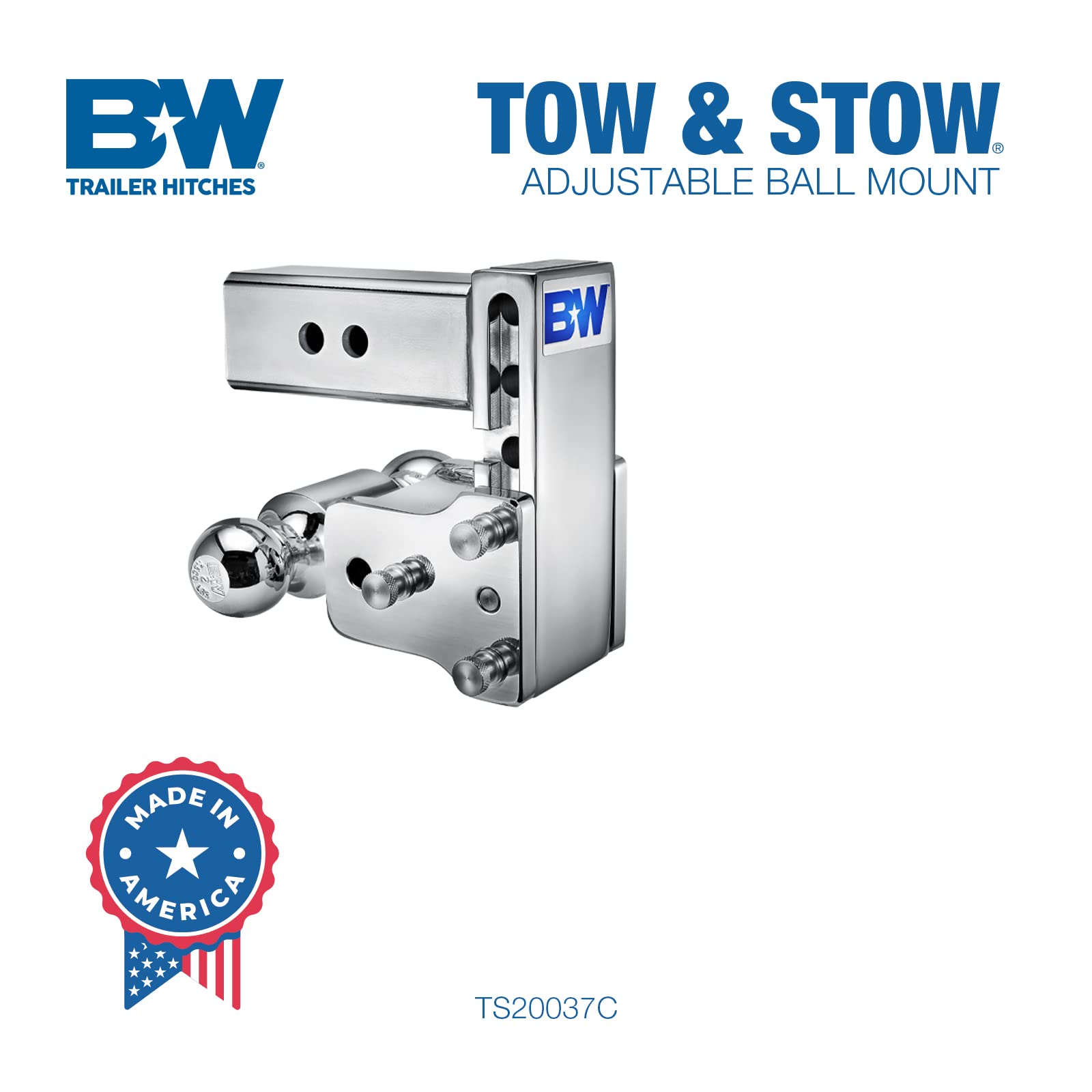 B&W Trailer Hitches Tow & Stow Chrome Adjustable Trailer Hitch Ball Mount - Fits 2.5" Receiver, Dual Ball (2" x 2-5/16"), 5" Drop, 18,000 GTW - TS20037C