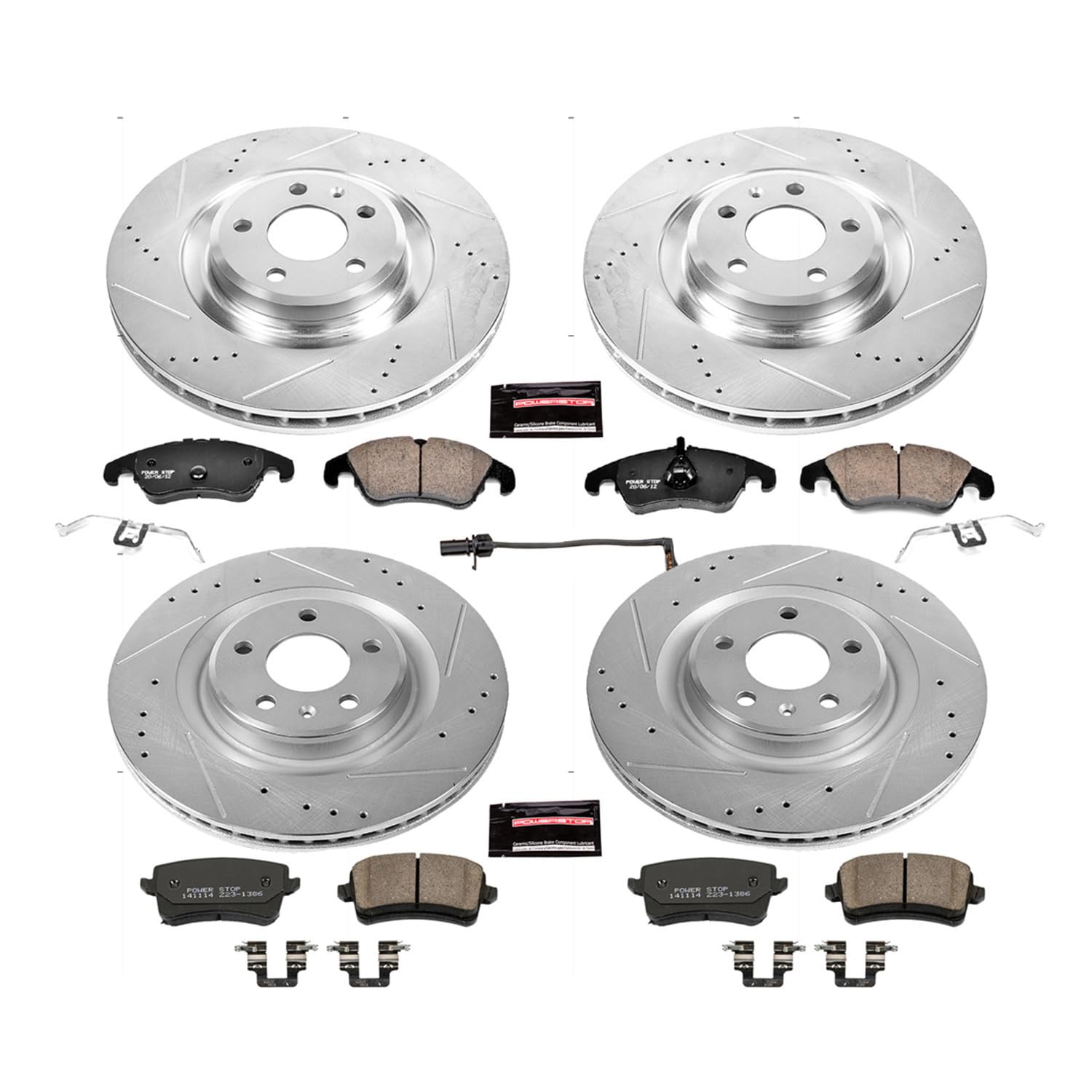 Power Stop K6155 Z23 Carbon Fiber Brake Pads Front and Rear with Drilled & Slotted Brake Rotors Kit and 1 Front Sensor Wire For Audi S4 2011, Audi S5 2011 [Model Specific]