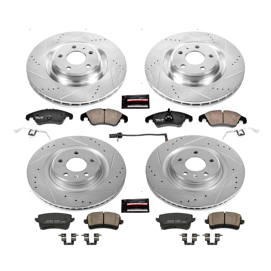Power Stop K6155 Z23 Carbon Fiber Brake Pads Front and Rear with Drilled & Slotted Brake Rotors Kit and 1 Front Sensor Wire For Audi S4 2011, Audi S5 2011 [Model Specific]
