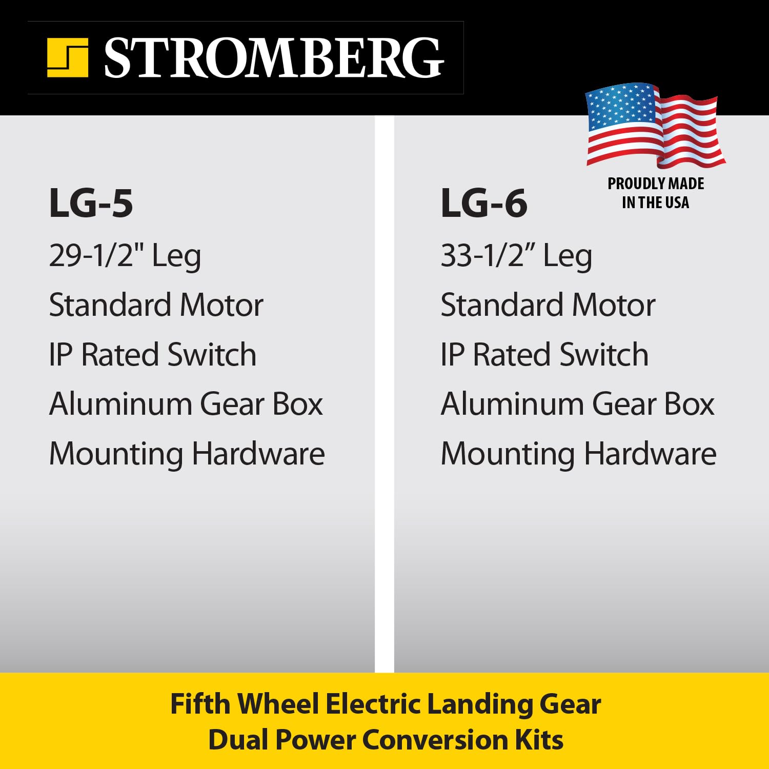 Stromberg Carlson Dual Power LG-6 Conversion Kit - Fifth Wheel RV Landing Gear/Stabilizer Replacement - (1) 33.5″ Lead Leg, 5000 lb Motor, IP Rated Switch, Gear Box and Hardware, 1 Side