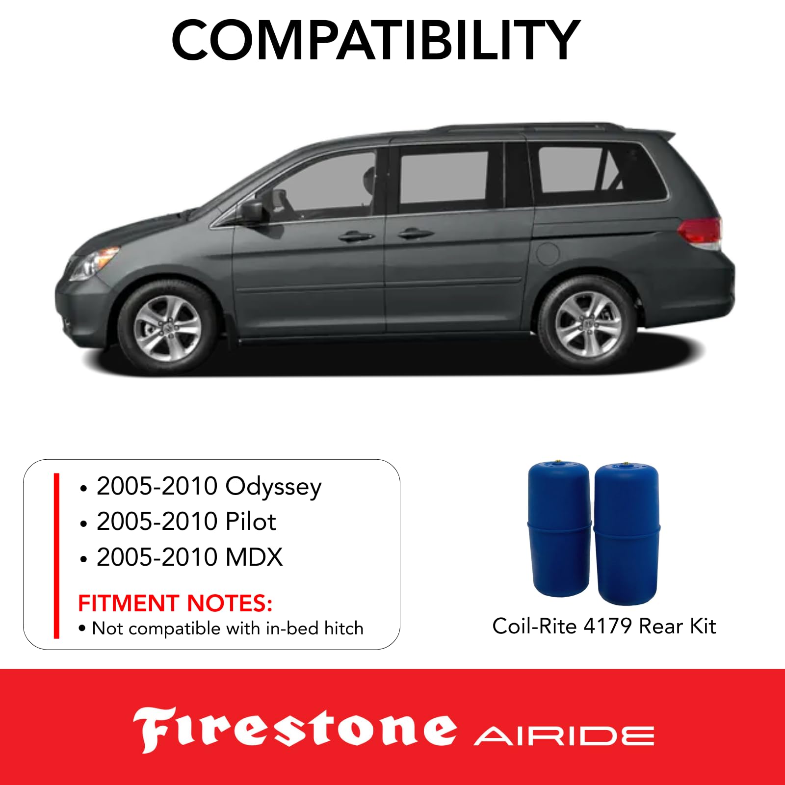 Firestone 4179 Coil-Rite Rear Air Springs Kit fits 2005-2010 Odyssey Pilot MDX | 5-35 PSI | No Drill Installation | Load Capacity of 1,000 Pounds | Made of Elastic Polyurethane