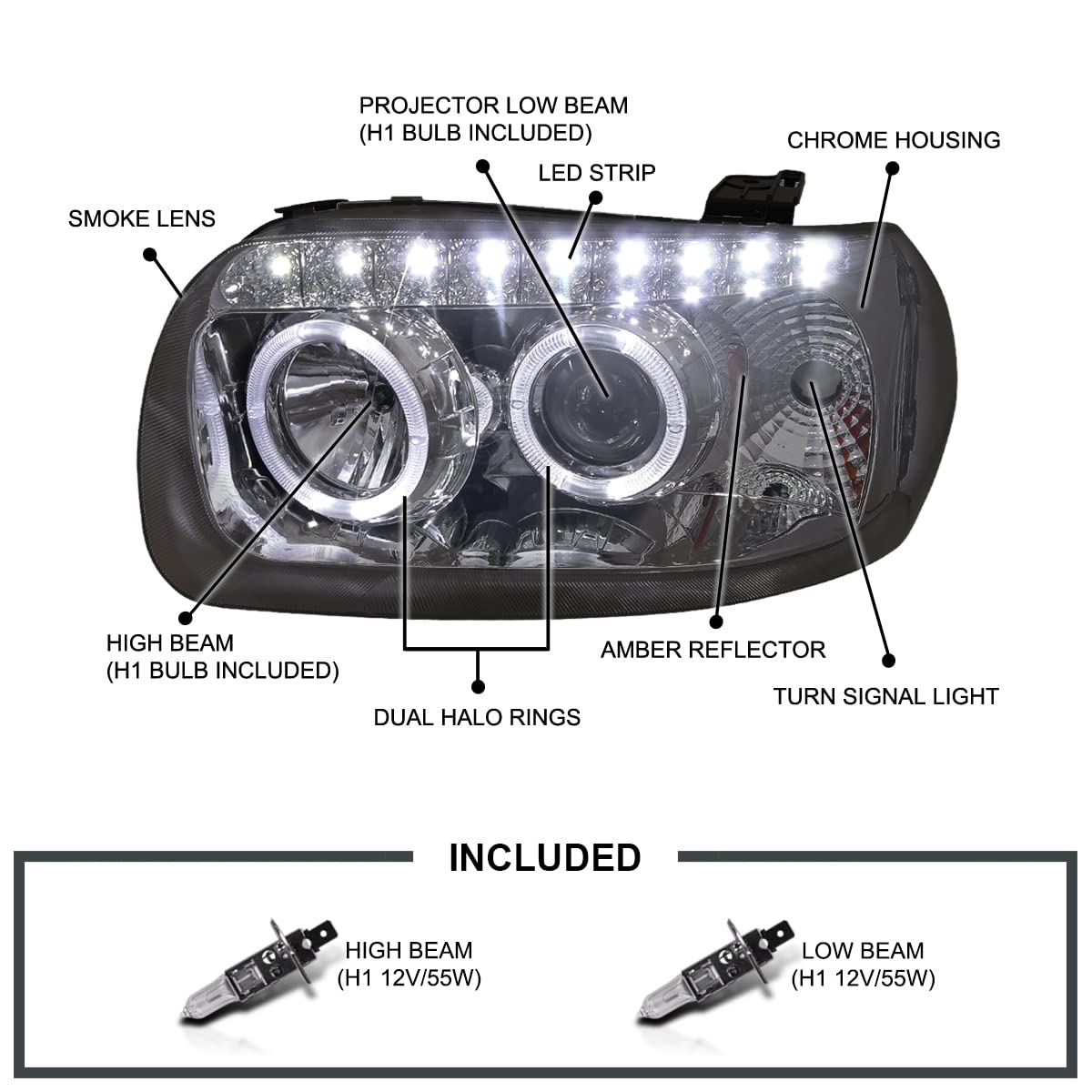 Dual Halo SMD LED DRL Projector Headlights SPEC-D TUNING Compatible with 2005-2007 Ford Escape, Left + Right Pair Headlamps Assembly