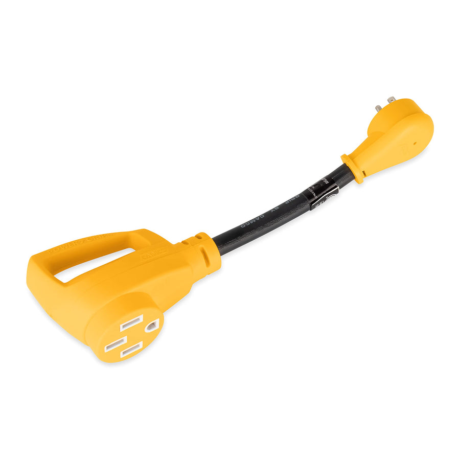 Camco Dogbone RV Electrical Adapter with Innovative 180 Degree Bend Design and PowerGrip Handle - 15 Amp Male to 50 Amp Female, 12" (55168)