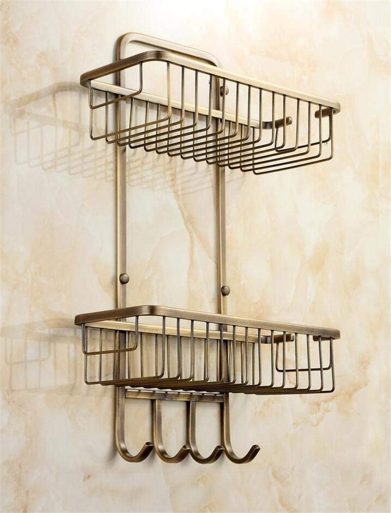 Antique doubledeck basket bathroom shelf/Corner Shelf BTBT, brass, wallmounted, drawing process，29.5 * 13 * 49cm Bathroom Shelf