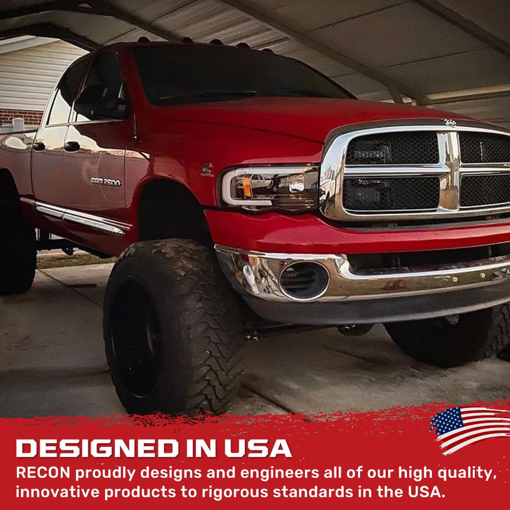 RECON - Premium Ultra Bright Projector Headlights Fits 2002-2005 Dodge RAM (1500, 2500, 3500) OLED Halos & DRL - Smoked Lens