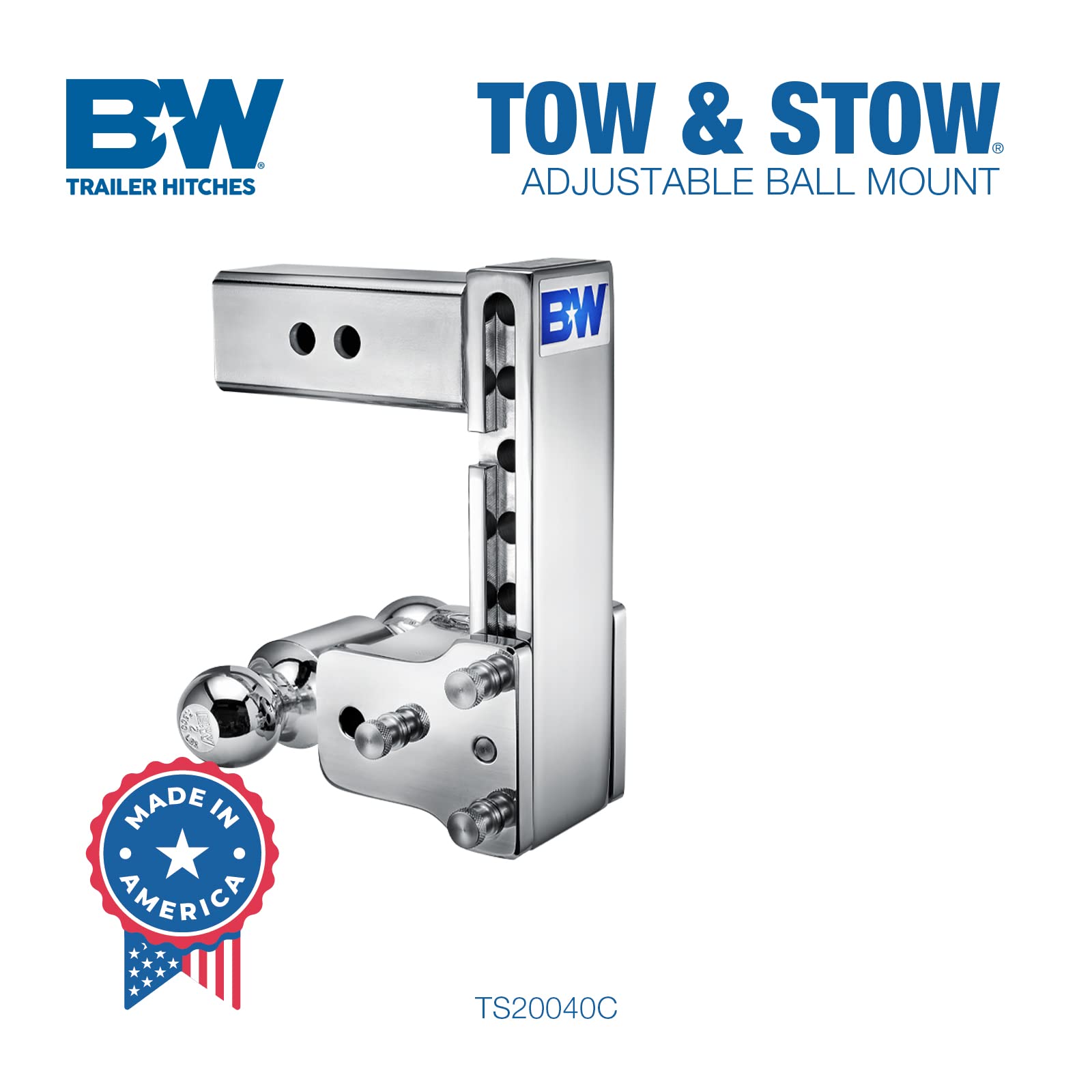 B&W Trailer Hitches Tow & Stow Chrome Adjustable Trailer Hitch Ball Mount - Fits 2.5" Receiver, Dual Ball (2" x 2-5/16"), 7" Drop, 18,000 GTW - TS20040C