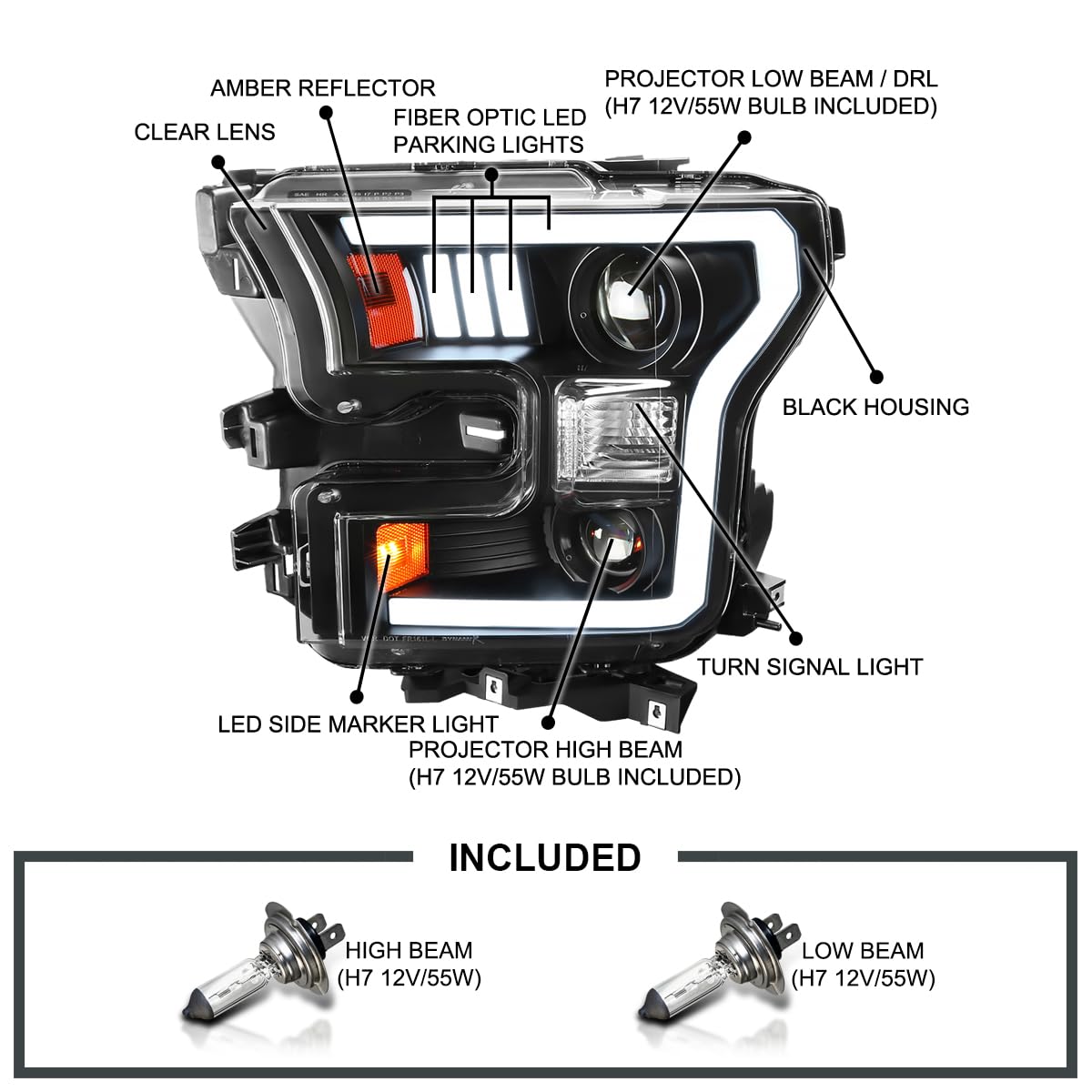Black Projector Headlights w/LED Light Bar SPEC-D TUNING Compatible with 2015-2017 Ford F-150, Left + Right Pair Headlamps Assembly