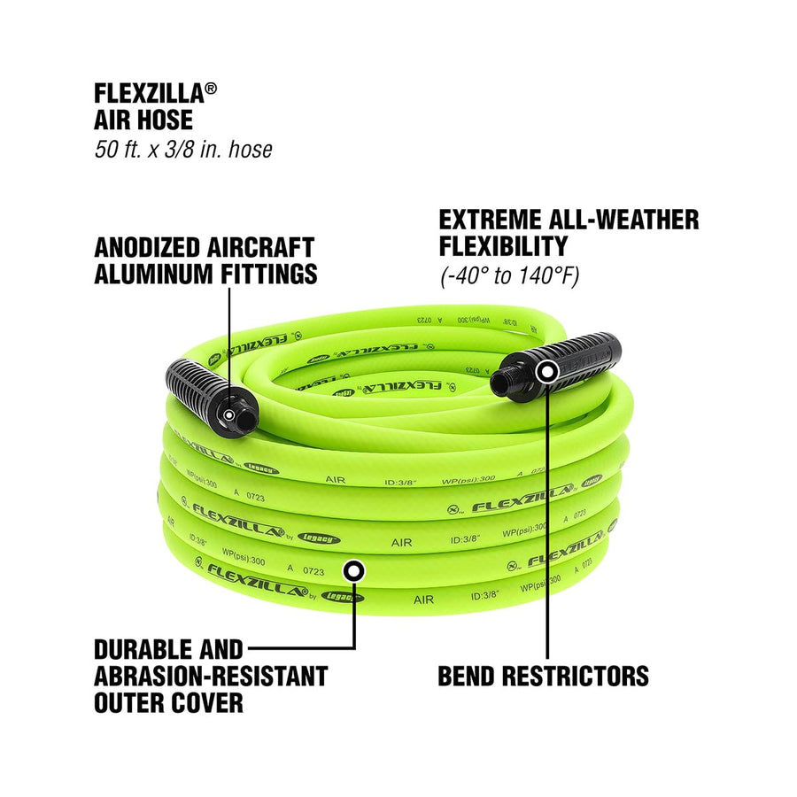 Air Hose Flexzilla, 3/8 in. x 50 ft., 3/8 in. MNPT Fittings, Heavy Duty, Lightweight, Hybrid, ZillaGreen - HFZ3850YW3