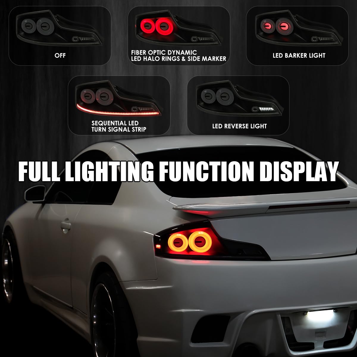 Black Smoke SPEC-D TUNING Full LED Tail Lights w/White Fiber Optic Halo Ring, Sequential Turn Signal, and Startup Animation Compatible with 2003-2007 Infiniti G35, Left + Right Pair Assembly