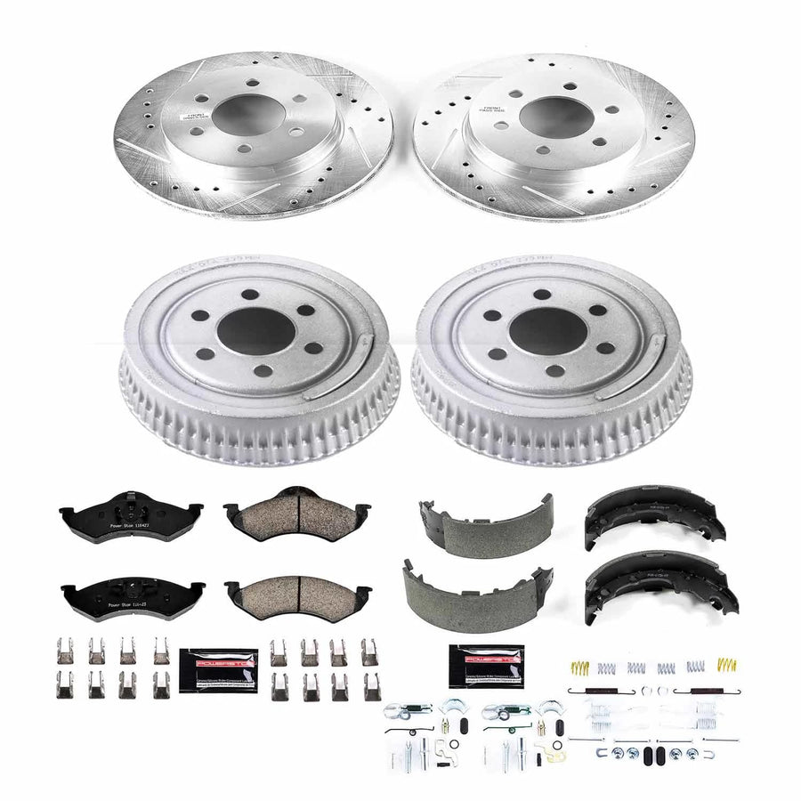 Power Stop K15072DK Z23 Carbon Fiber Brake Pads Front and Rear with Drilled & Slotted Brake Drums Kit For Dodge Dakota 2000-2002 [Model Specific]