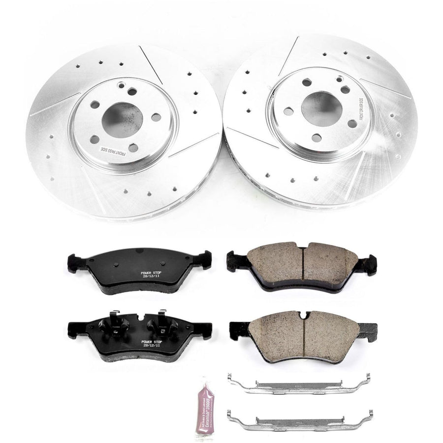 Power Stop K7767 Z23 Carbon Fiber Brake Pads with Drilled & Slotted Brake Rotors Kit For Mercedes-Benz E550 2007-2009 [Model Specific]