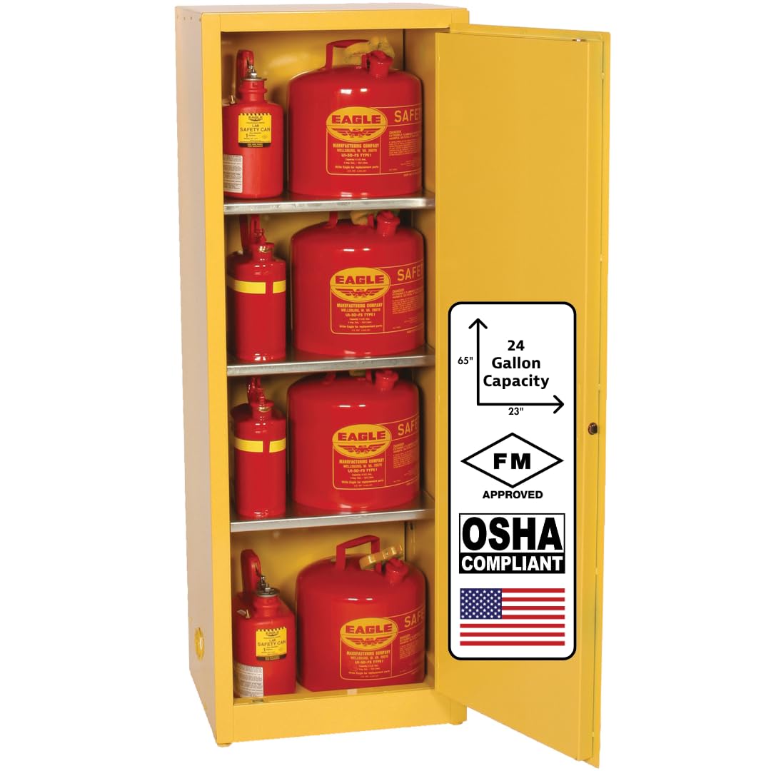 24 Gallon Eagle American Made F﻿lammable Liquid Storage Cabinet, Self-Close Slimline Fireproof Cabinet for Schools, Garages, Manufacturing Facilities, 23" x 18" x 65", 2310X