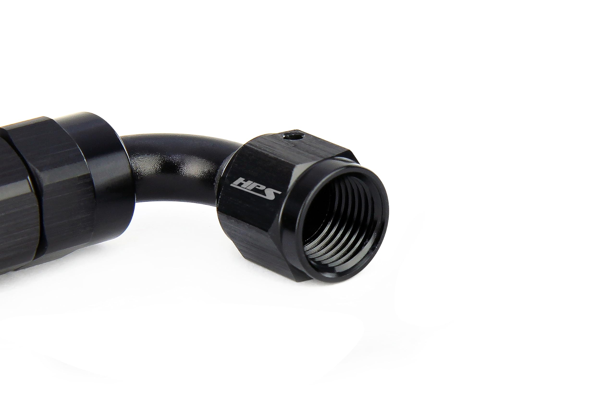 350 Series HPS 350-1508 Aluminum Hose End Fitting for Stainless Steel Reinforced PTFE Flex Hose, Fitting Size: AN-8, Angle: 150 degree, Black