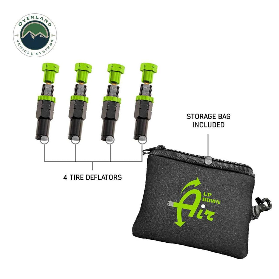 4 Piece Overland Vehicle Systems Adjustable Tire Deflator Kit & Storage Bag - (PSI 10-30 Lbs.) - Quick, Precise Air Down - Trucks, Cars, SUV, RV's, UTV's
