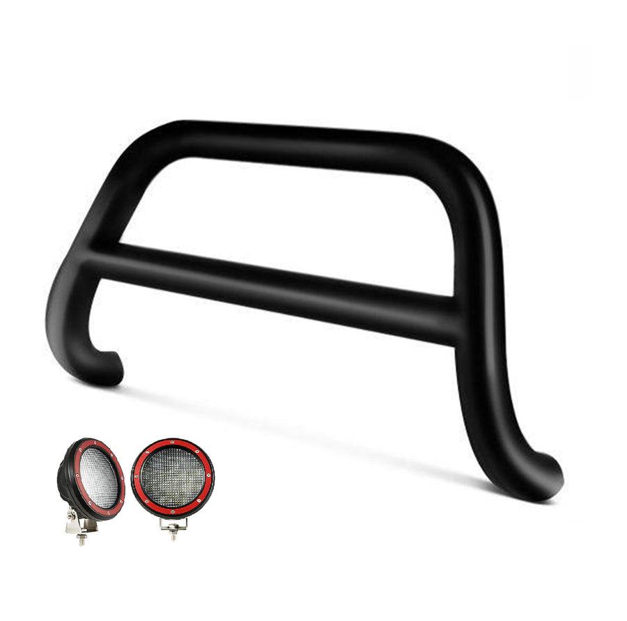 A Bar Black Horse No Skid Plate Come with Pair of 5.3" Dia. LED Flood Lights with Red Trim Rings Compatible with 2011-2017 Nissan Juke (Excludes NISMO Model)-BBNIJUA-PLFR