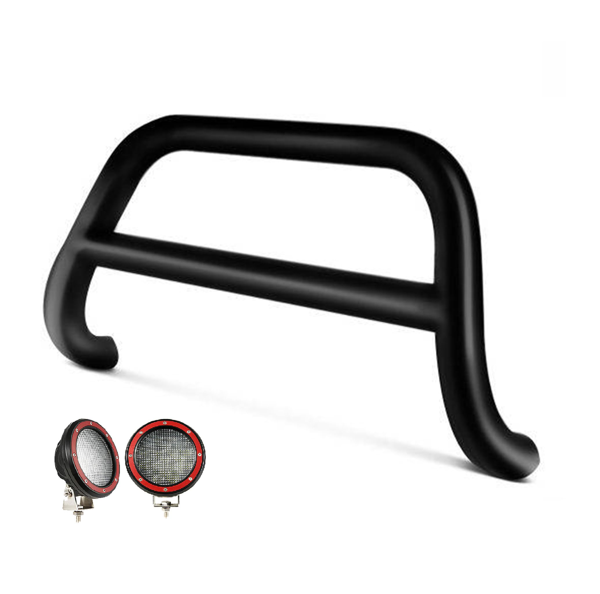A Bar Black Horse No Skid Plate Come with Pair of 5.3" Dia. LED Flood Lights with Red Trim Rings Compatible with 1999-2004 Nissan Pathfinder|1999-2003 Infiniti QX4-CBB-NIB4201-PLFR