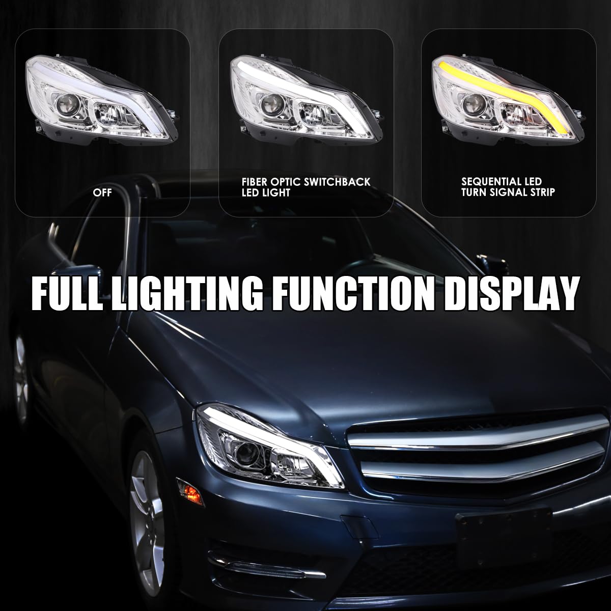 Switchback SPEC-D TUNING Chrome Sequential LED Tube Projector Headlights Compatible with 2012-2014 Mercedes-Benz W204 C-Class C250 C300 C350 C63, Left + Right Pair Headlamps Assembly