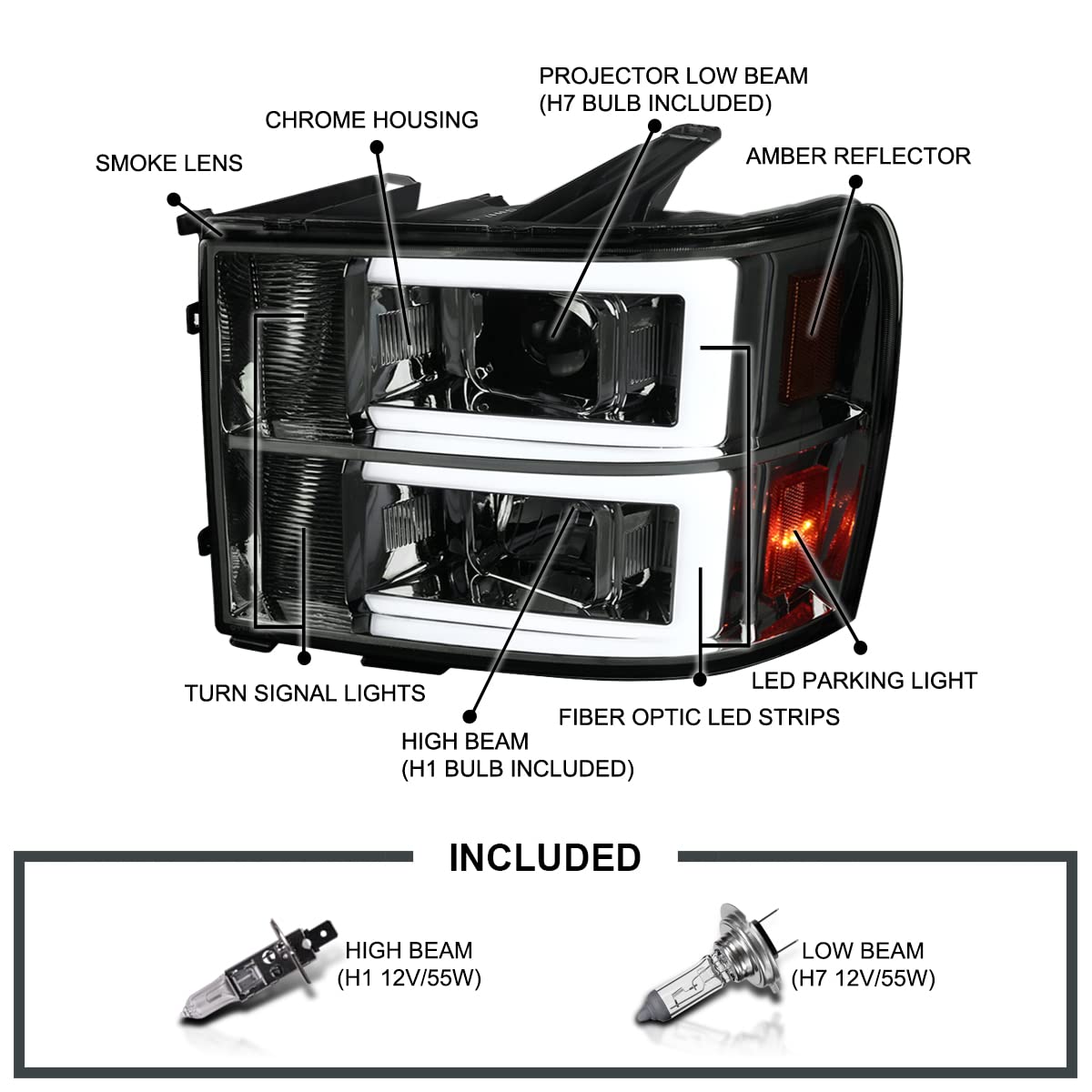 Smoke SPEC-D TUNING Projector Headlights w/LED Light Bar Compatible with 2007-2013 GMC Sierra 1500, 1500HD, 2500HD, 3500HD, Left + Right Pair Headlamps Assembly