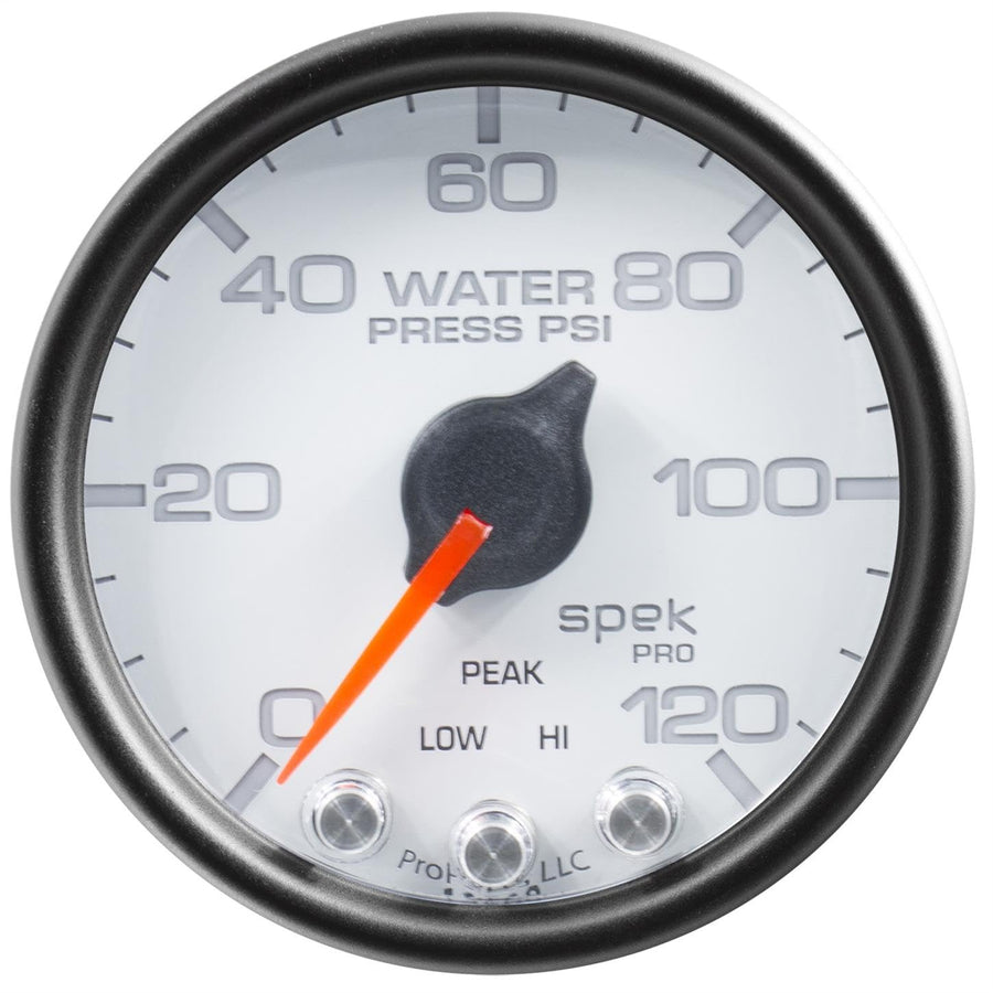 Gauge AutoMeter P34512 Water Press (Spek-Pro 2 1/16", 120Psi, Stepper Motorwith Peak & Warn, Wht/Blk, Spek-Pro)