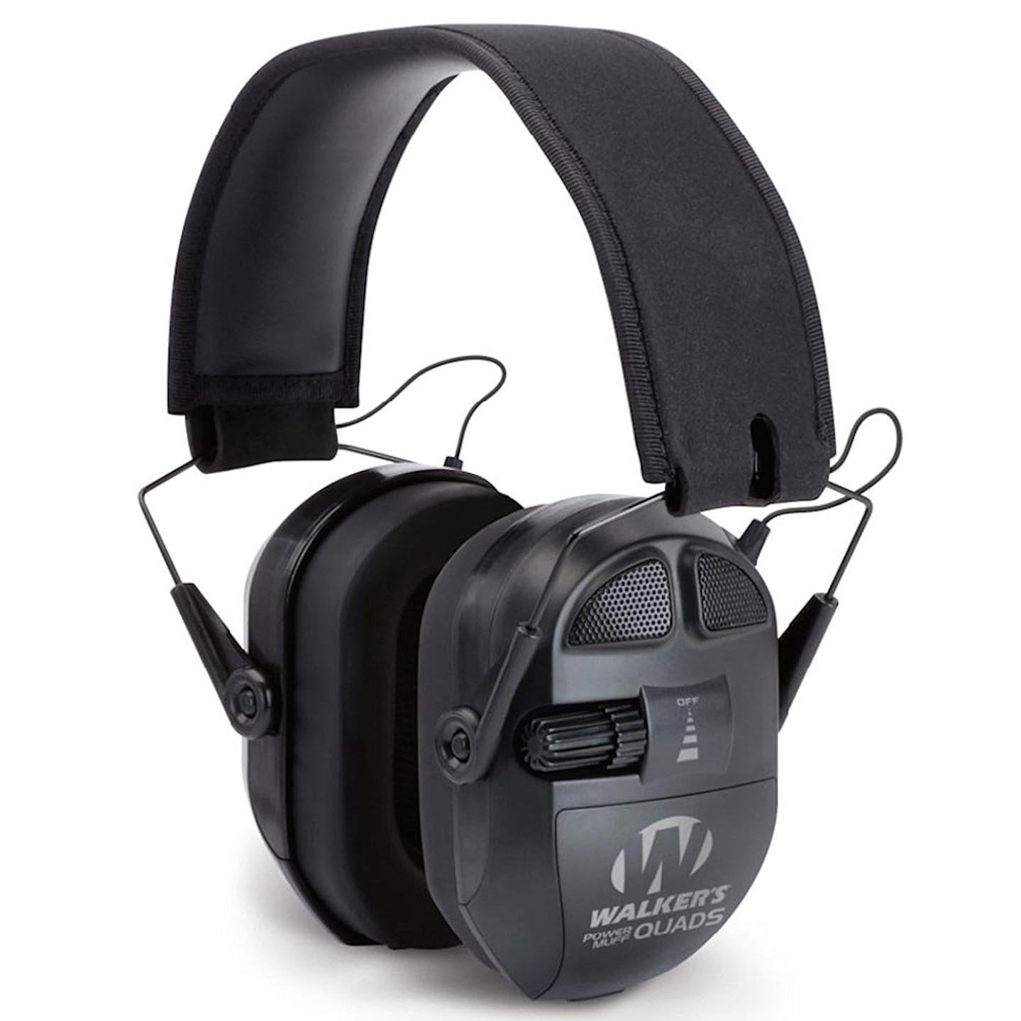WALKER'S Power Muff Ultimate Quads - Hearing Protection Noise Reduction 26dB NRR Hunting Gun Range Shooting Electronic Earmuffs with AFT, 2 AAA Batteries Included