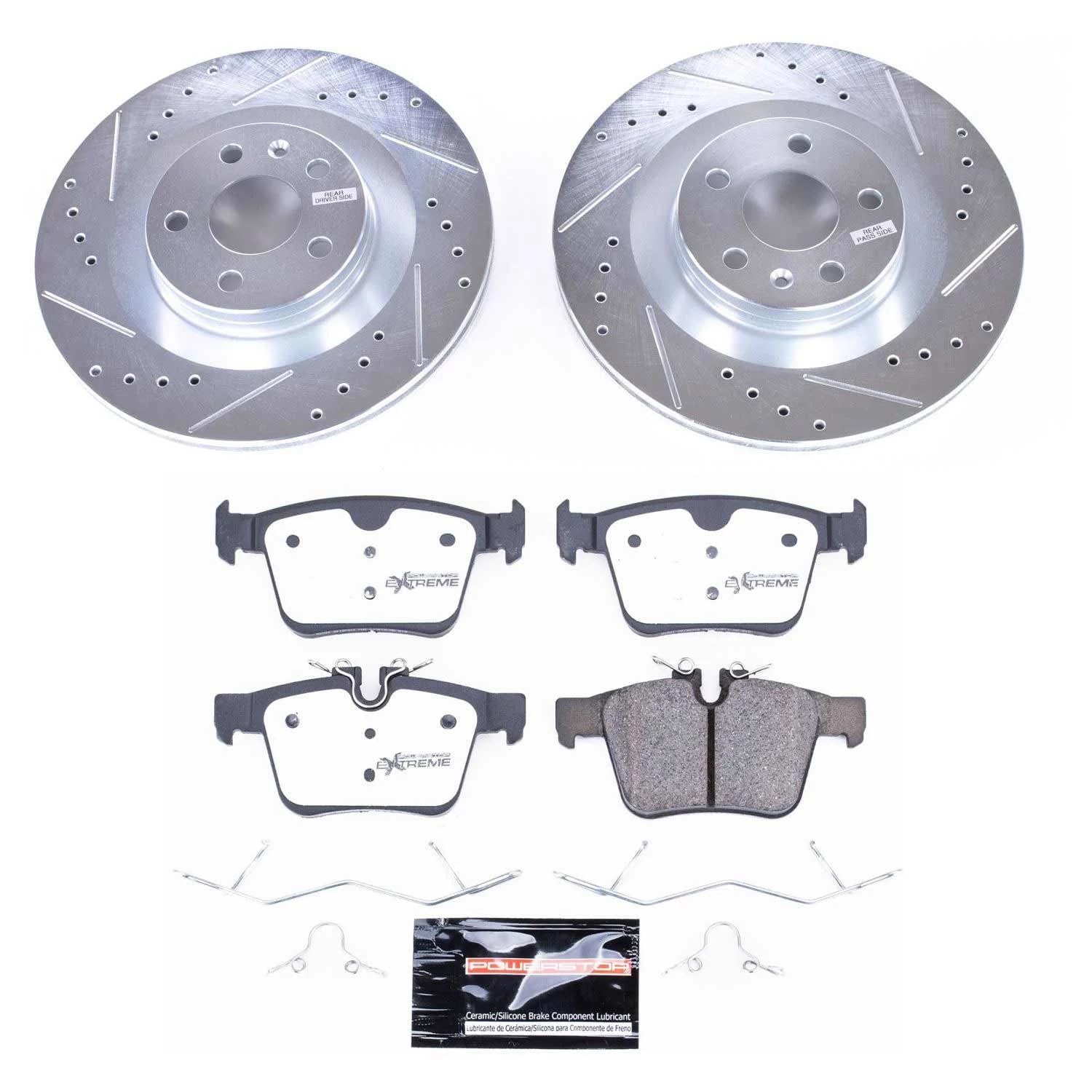 Power Stop Brake Kit Rear For 2019 2020 2021 2022 2023 2024 2025 Volvo S60 - Truck & Tow Carbon Fiber Ceramic Brake Pads & Drilled and Slotted Rotors Replacement, K7757-36