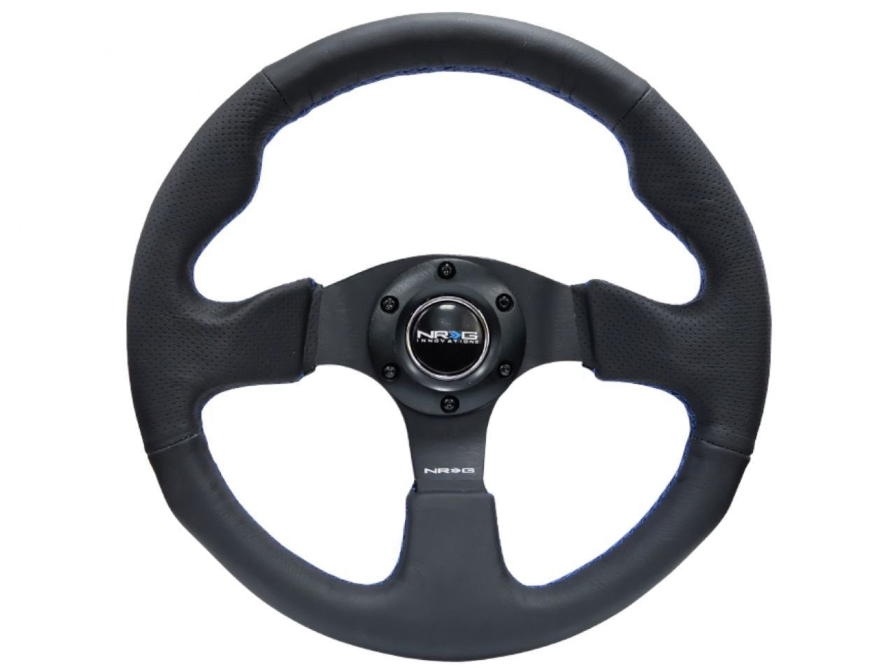 NRG Innovations Reinforced Steering Wheel NRG-RST-012R-BL - Leather Wrap Steering Wheel 320mm with Blue Stitch, Thumb Grip 3 Spoke Style
